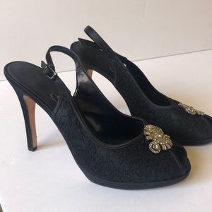 PEEP TOE HEELS SLINGBACK PUMPS BLACK SIZE 7.5 FESTIVE RHINESTONE LACE